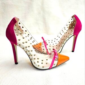 Clear studded stiletto heels hot pink orange size 38
